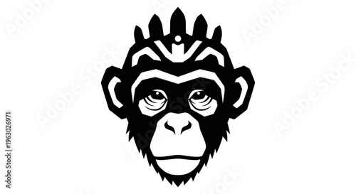 Stylized Black and White Chimpanzee Face Illustration.