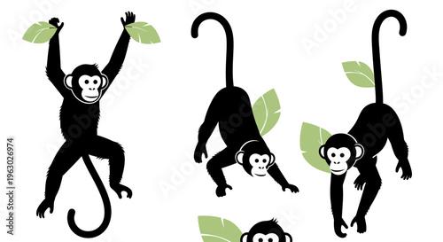 Set of playful monkeys swinging and climbing on branches.