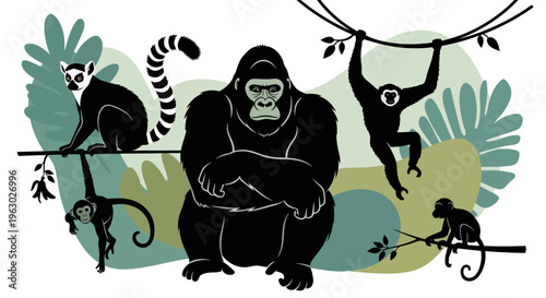 Collection of Diverse Primate Species in Jungle Setting.