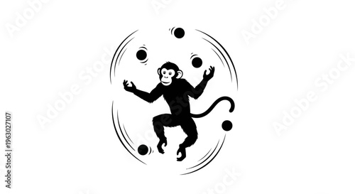 Silhouette Monkey Juggling Balls in Circle.