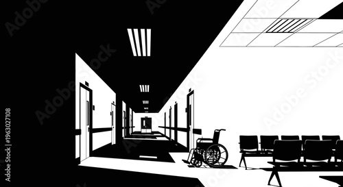 Empty wheelchair and chairs in a stark hospital hallway.