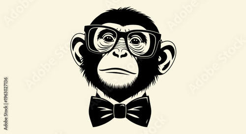 Stylized illustration of a chimpanzee wearing glasses and a bow tie.