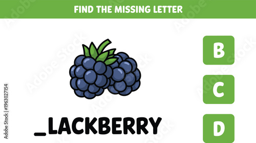 Educational activity worksheet for children to find the missing letter of blackberry