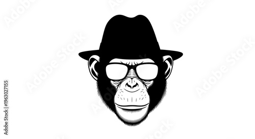 Stylized Monkey Face Wearing Sunglasses and Fedora Hat.