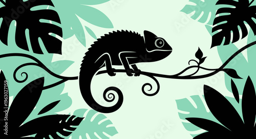 Silhouette of a Chameleon on a Branch.