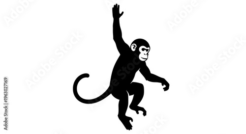 Silhouette of a playful monkey swinging on a white background.
