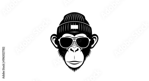 Stylized Monkey Head Wearing Sunglasses and Beanie.