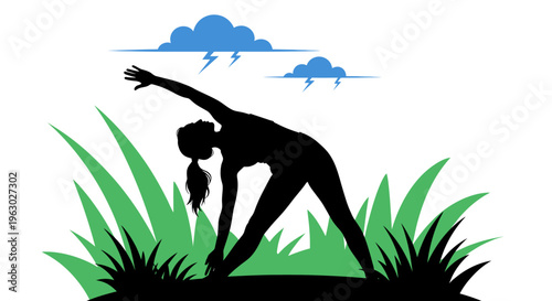 Silhouette of a woman performing a yoga pose outdoors.