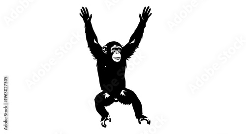 Silhouette of a chimpanzee with arms raised high.