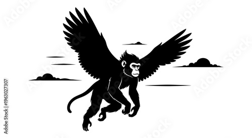 Silhouette of a winged monkey flying through the sky.
