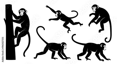 Collection of Silhouetted Monkeys in Various Poses.
