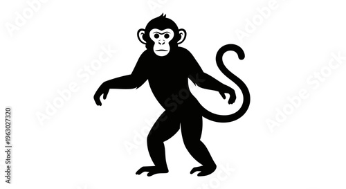 Silhouette of a Curious Monkey Standing on White Background.