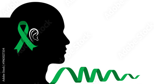 Green Ribbon Symbolizing Mental Health Awareness in Silhouette Head.