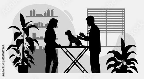 Groomer and owner with small dog on table.