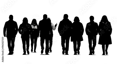 Group of people walking together in silhouette.