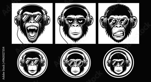 Three Monkeys Wearing Headphones and Sunglasses.