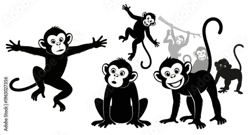 Group of Playful Monkeys in Various Poses.