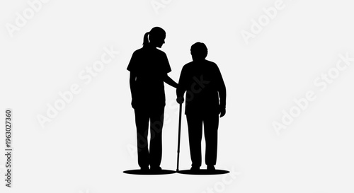 Silhouette of caregiver assisting elderly person with cane.