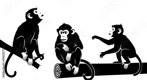 Three Silhouette Monkeys on Branches Illustration.