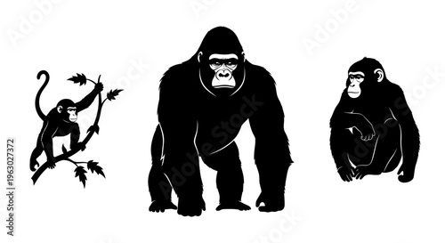 Collection of Silhouetted Primates Including Gorilla and Monkey.