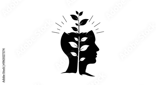 Silhouette of human heads with growing plants symbolizing mental growth and new ideas.