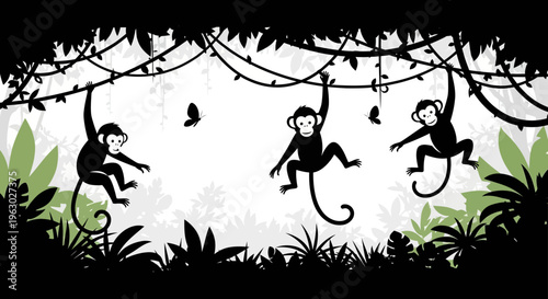 Three playful monkeys swinging on vines in a jungle setting.