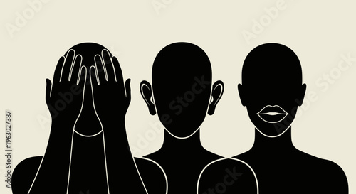 Three Silhouetted Figures Representing Blind, Deaf, Mute Concepts.