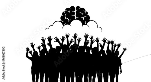 Silhouette of Crowd Reaching Towards a Brain Symbolizing Collective Intelligence.