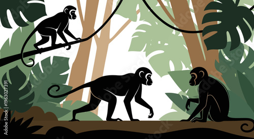 Three Silhouetted Monkeys in a Lush Jungle Environment.