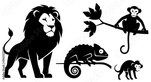 Collection of Stylized Black Silhouettes of Wild Animals.