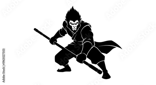 Silhouette of a Fierce Monkey King Warrior Holding a Staff.