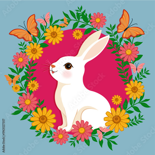 Illustration of a rabbit in a flowerbed, a fiery flower and a butterfly.