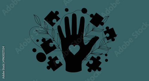 Silhouette of a hand with a heart and puzzle pieces.