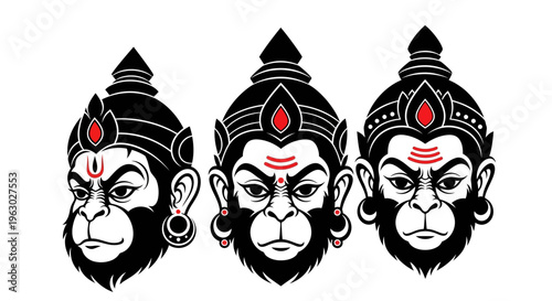 Three Stylized Monkey God Faces with Ornate Headdresses.