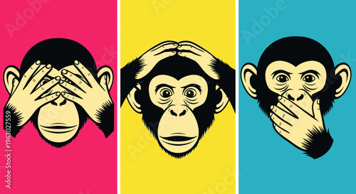 Three Wise Monkeys See Hear Speak No Evil Concept.
