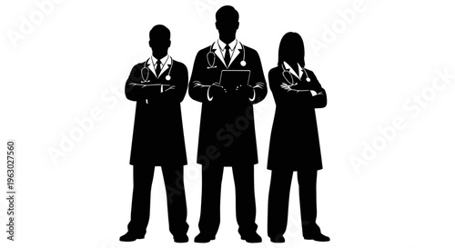Silhouette of Three Medical Professionals Standing Together.