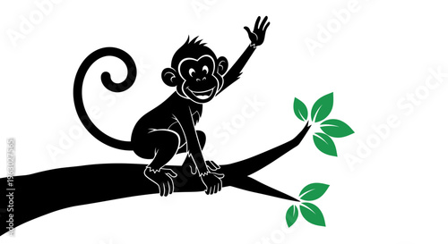 Silhouette of a happy monkey waving from a tree branch.