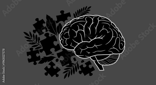 Illustration of a human brain with puzzle pieces and leaves.
