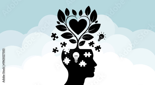 Silhouette of a head with a heart shaped tree growing from it.