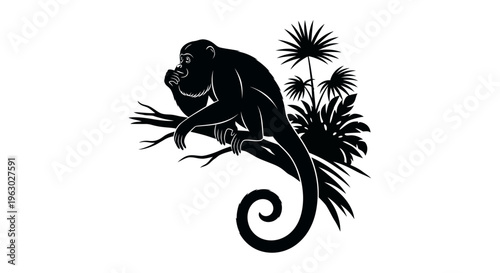 Silhouette of a Howler Monkey perched on a tree branch.