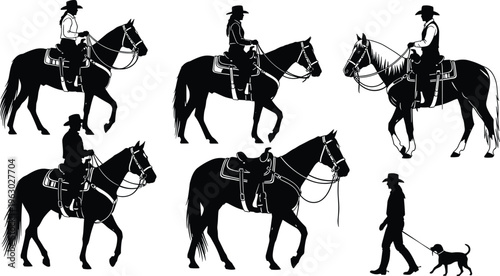 Western Equestrian Silhouette Vector Set Featuring Cowgirl and Cowboy Horseback Riders with Saddled Horses and Rancher Walking a Dog Outdoors