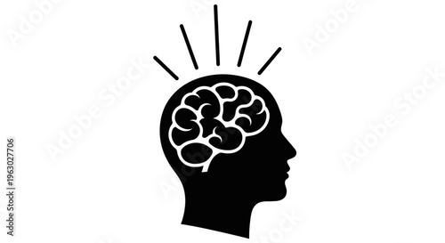 Silhouette of a human head with a detailed brain illustration inside.