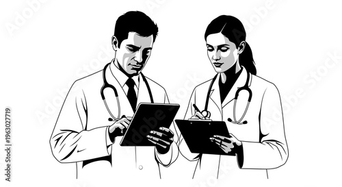 Two doctors in white coats reviewing medical charts.