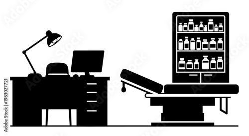 Medical Office Examination Room with Desk and Shelving.