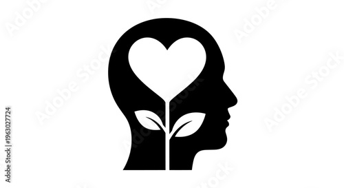 Silhouette of a human head with a heart and plant growing inside.