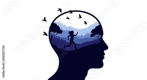 Silhouette of a human head with a landscape inside.