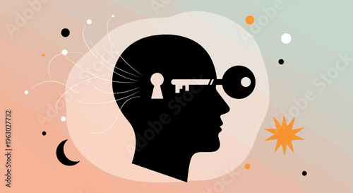 Silhouette of a human head with a key unlocking the mind.