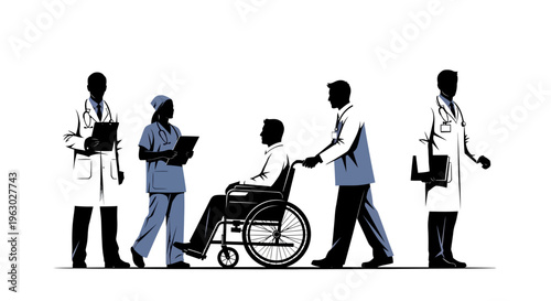 Medical professionals assisting patient in wheelchair.