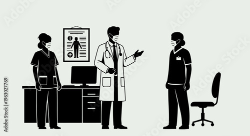 Medical professionals discussing in a clinic setting.
