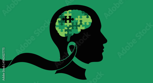 Silhouette of a human head with a puzzle brain and awareness ribbon.